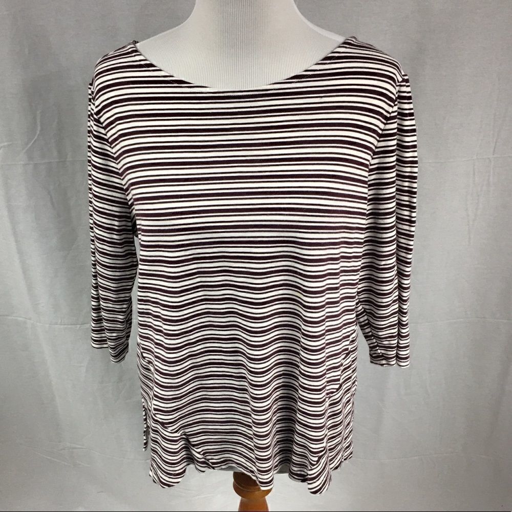 Size 2 Chico’s 3/4 Sleeves Striped Tee purple white stripes scoop neck easycare
